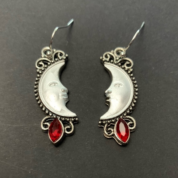 Silver Moon Face Drop Earrings with Red Gem Accent - Picture 2 of 3